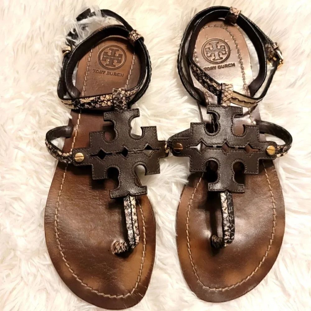 Tory burch Snakeskin Ankle Strap Sandals Brown Size 7